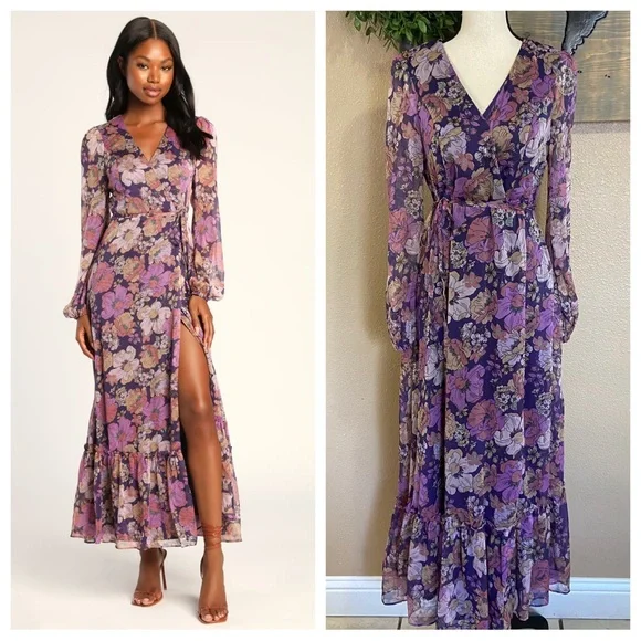 NWOT Lulus Feeling Sweet Purple Floral Print Long Sleeve Wrap Maxi Dress - Picture 7 of 12